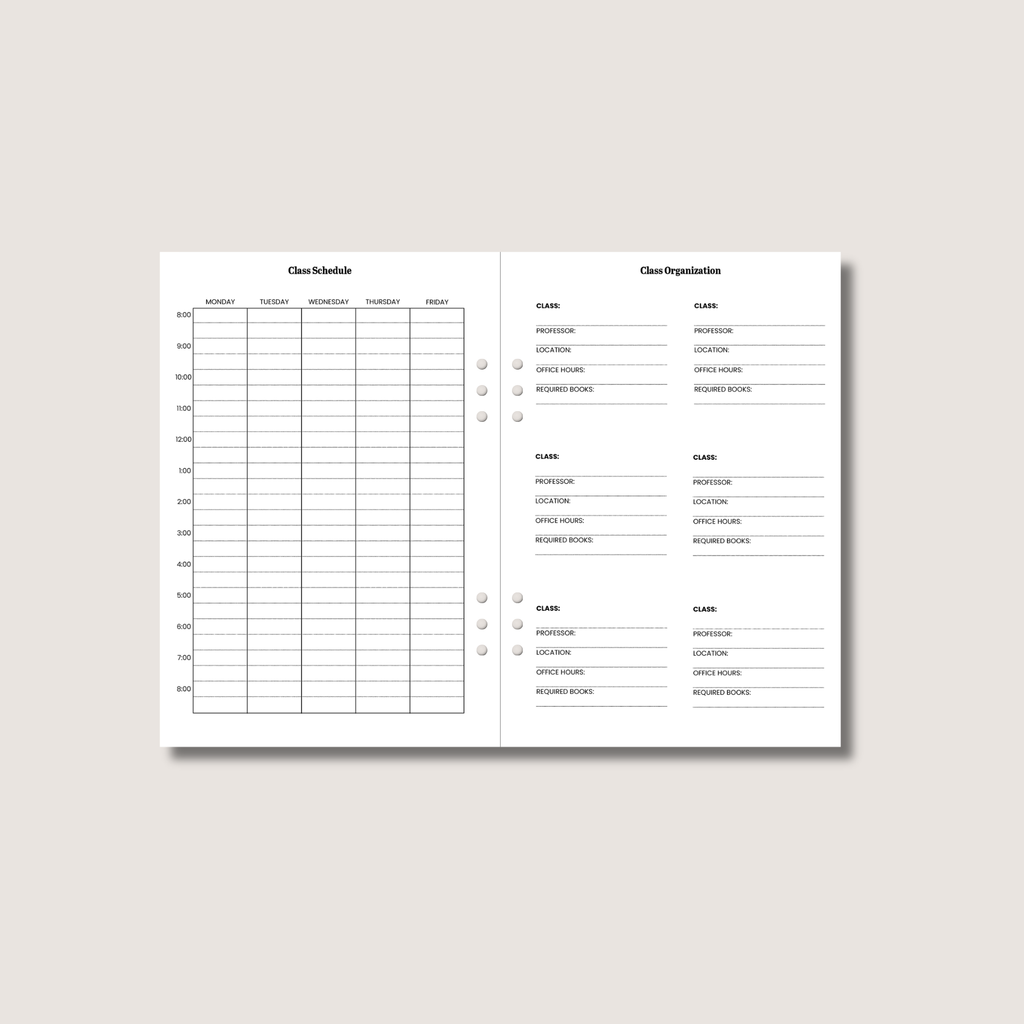 A5 Weekly Academic Planner Insert