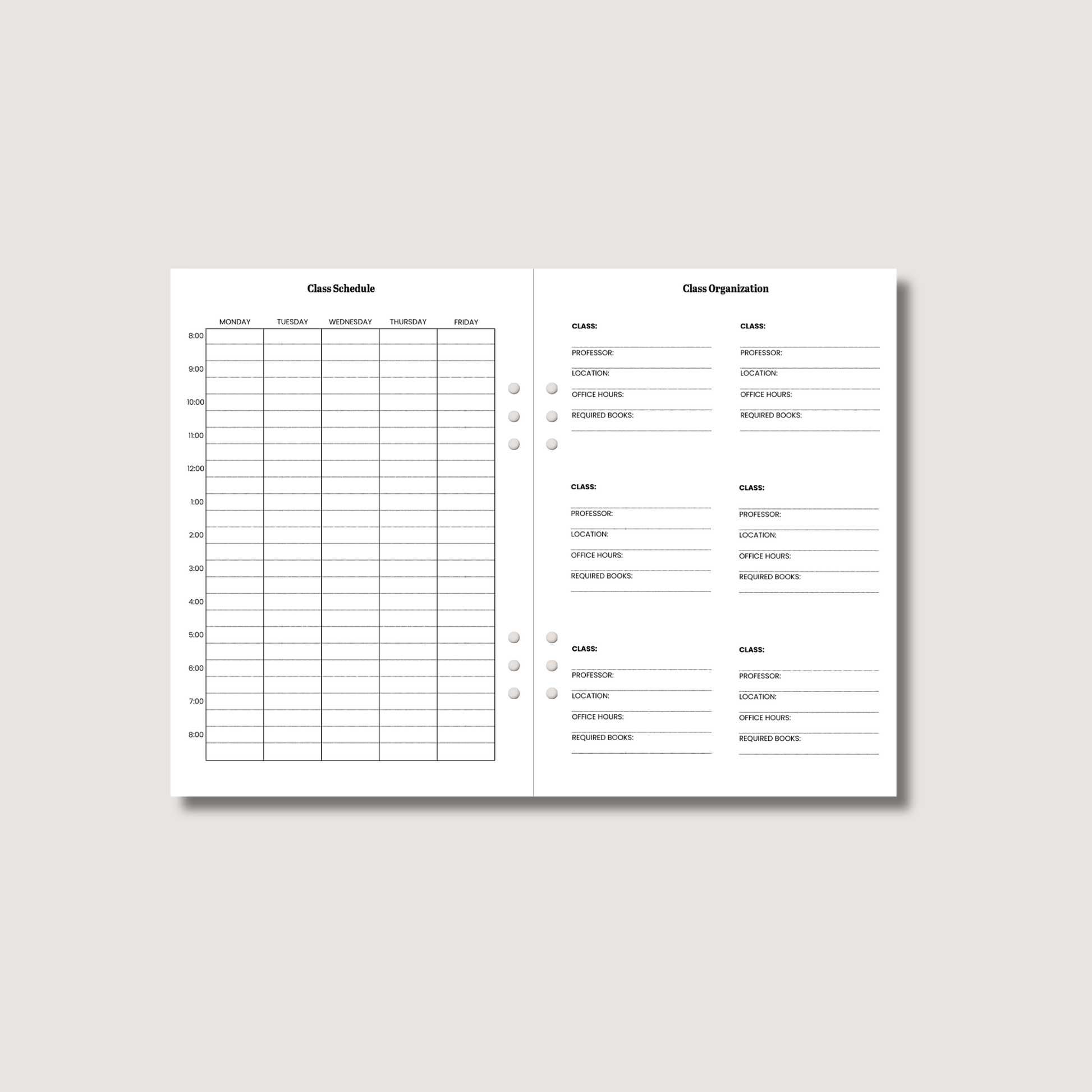 A5 Weekly Academic Planner Insert